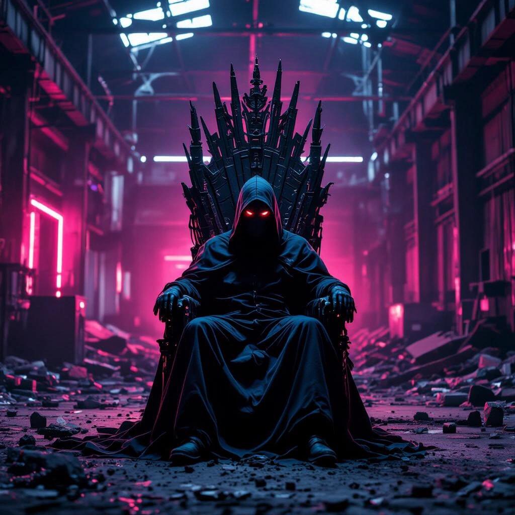 Ominous dark portrait in a crumbling tech warehouse. Impressive throne surrounded by debris. A masked figure sits prominently. Dark atmosphere with neon highlights.
