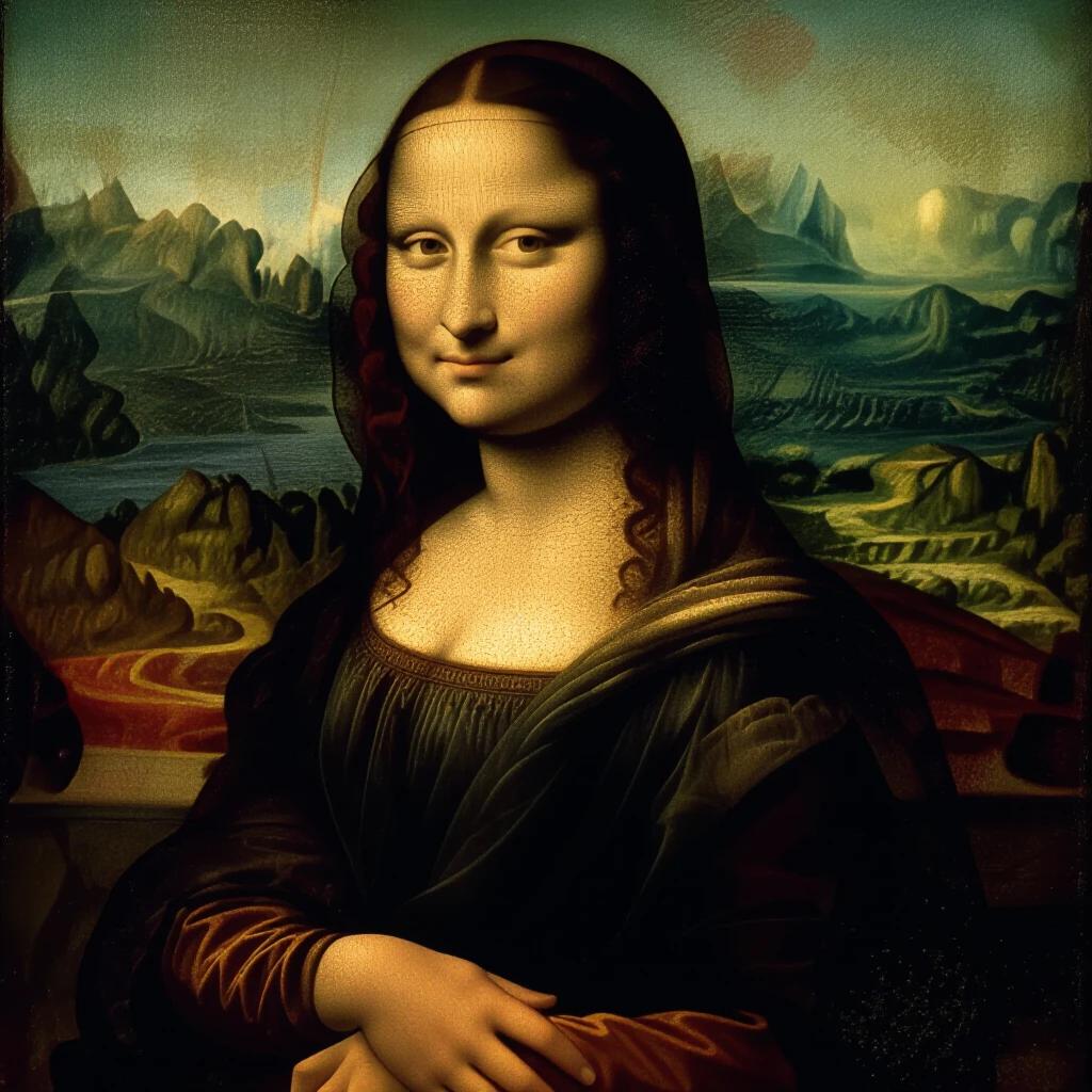 A reinterpretation of the Mona Lisa with intricate details. Bright and vibrant landscapes in the background. Captivating blend of soft tones and rich textures. A serene expression on the subject's face.