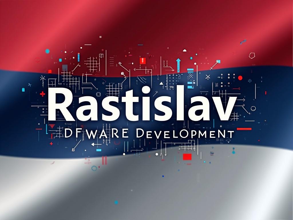 The image showcases a dynamic and modern design featuring the name 'Rastislav' above the tagline 'DFWARE Development.' The background displays a flowing representation of red, white, and blue colors, hinting at a national or tech-oriented theme. Overlaying the background are abstract shapes and technology icons that suggest innovation and progress in software development. The overall feel is professional yet creative, aimed at engaging a tech-savvy audience. Ideal for branding in the IT industry, this image captures a fusion of technology and identity.