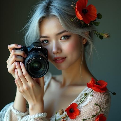 Realistic woman with silver-gray hair and soft blue streaks. She holds black DSLR camera, surrounded by vibrant red poppies and green leaves. Her expression is confident with relaxed shoulders and piercing eye contact. Skin is flawless with subtle blush and faint freckles. The fabric is translucent lace with flower designs cascading.