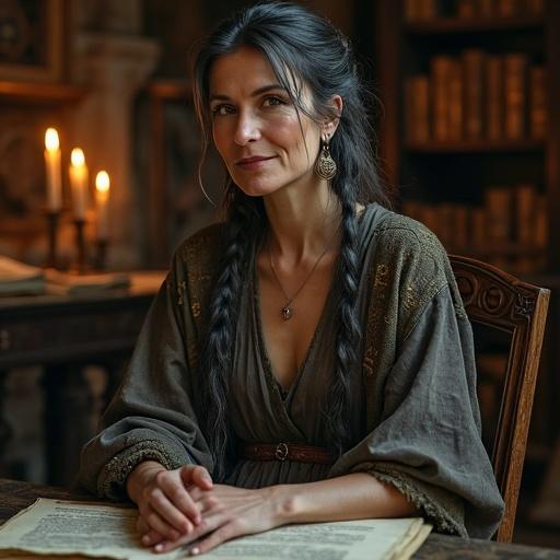 A retired mage sits in an ancient study room. She has calm and wise eyes. The setting is filled with magical artifacts. A weathered robe is worn. Hair is silver-black and tied loosely. The room is dimly lit with candlelight. Ancient books and scrolls surround her. A wooden staff rests beside her. The atmosphere conveys peaceful power and wisdom.