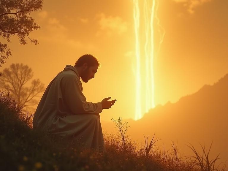 Depicts Enoch kneeling in prayer amidst a tranquil landscape. A divine light radiates from the sky. The overall atmosphere is peaceful with a focus on spirituality. The color palette features predominantly golden tones.