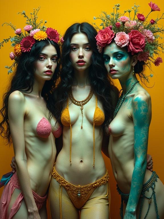 Surreal portrait of three exquisite gypsies against a bright background. Emphasizes vibrant colors like green blue yellow and magenta. Features intricate details and contrasting tones.