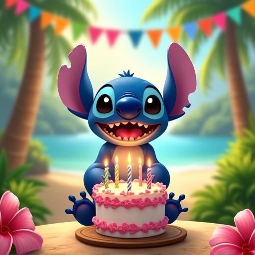 Happy Stitch character with a birthday cake featuring 5 candles. Tropical park setting with flowers and colorful flags in the background.