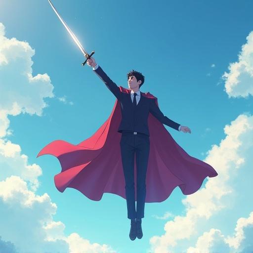 A heroic man floating in the air holds a sword towards the sky. He wears a formal suit with a red cape fluttering behind him. The scene captures a sense of power and elegance in the sky. The image is depicted in anime art style with a focus on delicate details and shadow work.