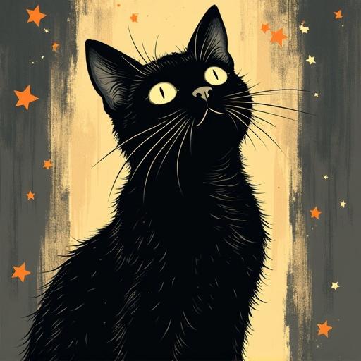 Illustration of a black cat with bright yellow eyes gazing upwards. The cat is surrounded by stars blending into a textured background resembling paper. The color scheme features a warm yellow that represents light and mystery.