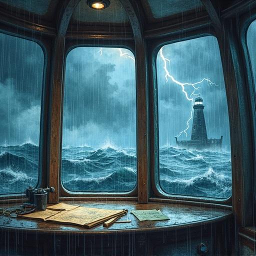 View from inside a glass dome lantern room during a storm. Lightning strikes over dark seas. Rain streaks down the windows. A lighthouse visible through churning waters. Tools and charts scattered on the ledge. Watercolor style with a dramatic mood.