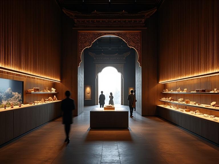 Wide-angle photograph of newly designed cultural gift shop inside historic Jingqizhai Hall. Dark textured walls display artifacts, framing an ornate wooden archway lit from below. Central table showcases miniature landscape. Digital OLED screen displays animated clouds. Low-key dramatic lighting enhances tranquility.