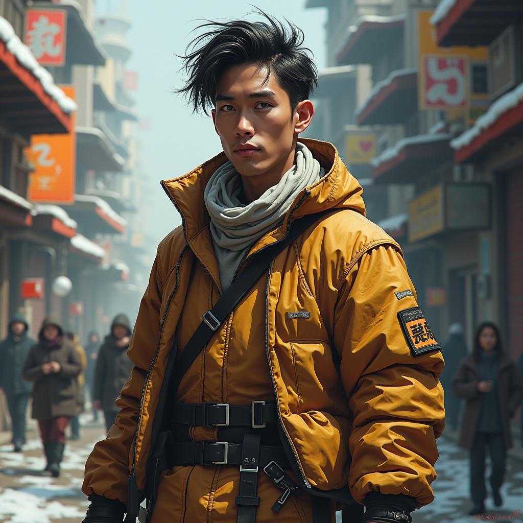 Portrait of a young man wearing a yellow jacket in an urban setting. Background features a foggy street with buildings and pedestrians. The young man has a stylish, unkempt hairstyle. He portrays a confident, modern look against a city backdrop.