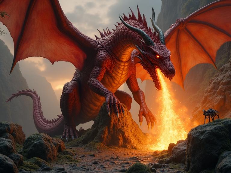 Photorealistic wide shot from a low angle with chiaroscuro lighting. Features an ancient, scarred red dragon on mossy boulders. The dragon breathes vibrant flames illuminating itself. Background is dark and rugged, creating a terrifying mood with a sense of scale. Small charred skeletons at the tree stump's base add to the scene.