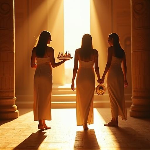 First-person view from lying back in bed. Three attendants approach. One holds silver tray with rosewater. Another carries golden oils. The third has polished copper mirror. Feet step on papyrus-tiled floor. Sunlight casts long shadows from tall window behind. Warm orange glow fills ancient Egyptian palace. Soft focus depth creates photorealistic scene.