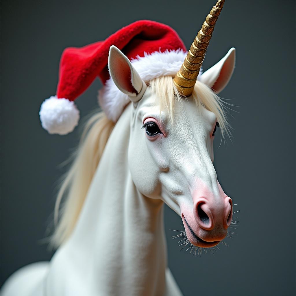 Unicorn wears a red Santa hat with white trim. The unicorn appears soft and whimsical. The unicorn's name appears as Lucie on the hat. A neutral gray background enhances the whimsical effect.