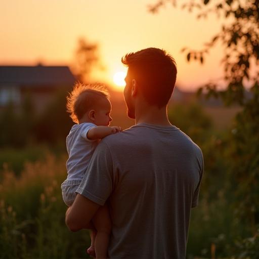 A man holds his baby son in a garden while they watch the sunset together