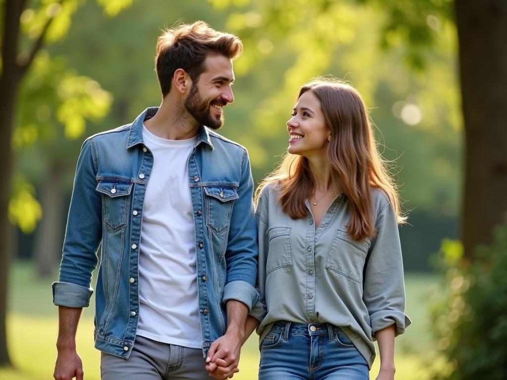 The image shows a young couple walking together on a sunny day in the park. They are holding hands comfortably and smiling at each other, clearly enjoying their time together. The man is wearing a casual look with a denim jacket over a plain white t-shirt, while the woman is dressed in a light grey shirt and denim jeans. The lush greenery surrounding them adds to the cheerful atmosphere of their walk. The couple seems relaxed and happy, with the sunlight filtering through the leaves.