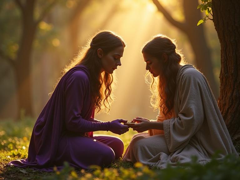 Two fantasy elf characters in an intimate scene. The first elf has purple skin and wears an elven cloak. The second elf has tan skin and is draped in flowing robes. They are playing a game in a natural outdoor setting during the golden hour in an enchanted grove. The atmosphere is warm and mystical.