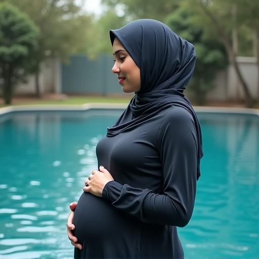 Pregnant woman in hijab standing by swimming pool. She is 9 months pregnant, showing off her baby bump. Natural setting with a serene atmosphere.