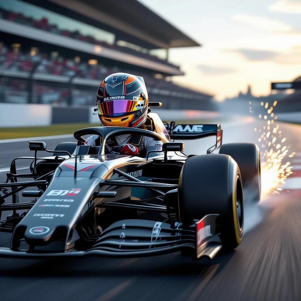 A beautiful female Formula 1 driver inside a futuristic F1 car. Car features ultra-aerodynamic design, carbon-fiber surfaces, exposed suspension. Racing on a modern track with tire smoke and glowing brake rotors. Intense motion blur and cinematic lighting in golden hour.