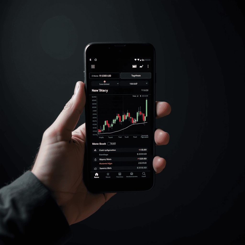 A person holding a smartphone displaying a financial trading app with market data charts.