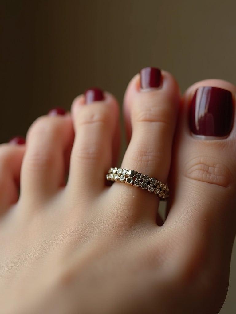 Close-up image of toes featuring a decorative toe ring. Nail polish is dark red. Soft light highlights ring and toes. Elegant appearance with focus on jewelry.