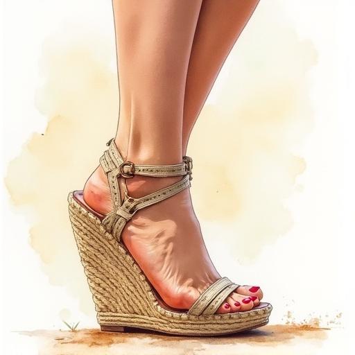 Watercolor painting of an ancient Roman woman wearing high-heeled espadrilles platform wedges.