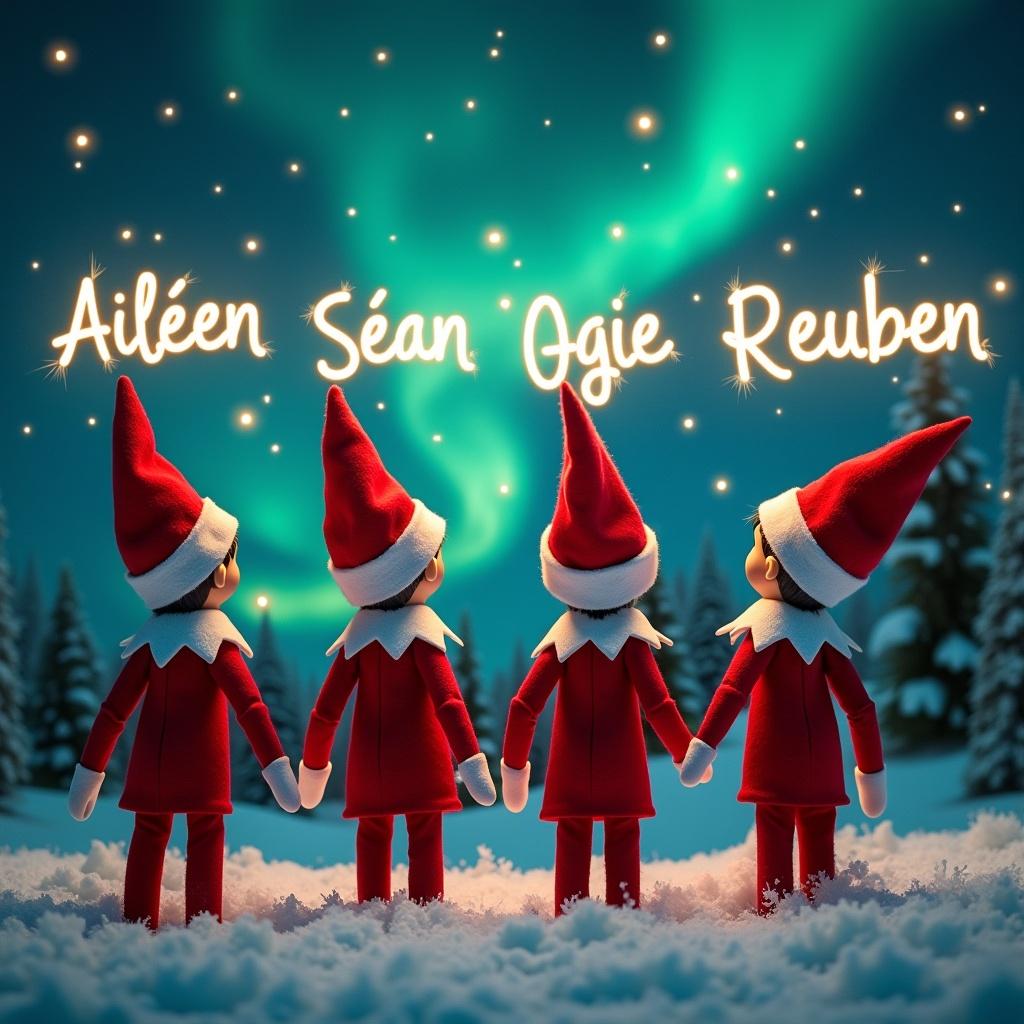 An enchanting Christmas scene features four elf on the shelfs. Elves face the sky with their backs to the viewer. Elves are dressed in red and white. Each elf wields a magic wand. One elf writes 'Aileen'. Another writes 'Seán'. The third elf writes 'Ógie'. The fourth elf writes 'Reuben-James'. Glowing script appears above them. Backdrop features vibrant northern lights. The scene portrays the spirit of Christmas. The scene captures joy and excitement of the holiday season.