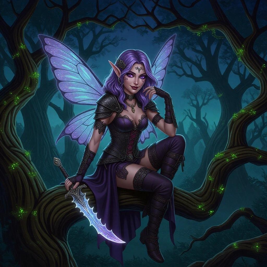 Detailed illustration of a fairy rogue sitting on a thick tree branch in an enchanted forest at twilight. She has lavender hair and purple eyes. Mischievous smile, delicate butterfly wings shimmer with silver and violet. Wearing mystical leather armor and a flowing cloak. One hand on the branch, other twirls a glowing crystal dagger. Twisting trees with glowing moss around her, mist along the forest floor. Misty mountains in the distance under a cloudy sky. Soft cinematic lighting creates shadows and glow. Highly detailed and richly textured.