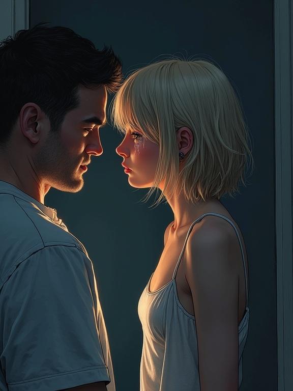 Realistic colored pen drawing depicting a side view of a teenage girl with light hair and a middle-aged man in a dramatic moment. The girl appears scared and tearful. Both are in a dark bedroom setting. The girl is bare-chested, with her hands at her sides. The atmosphere is tense and emotional.