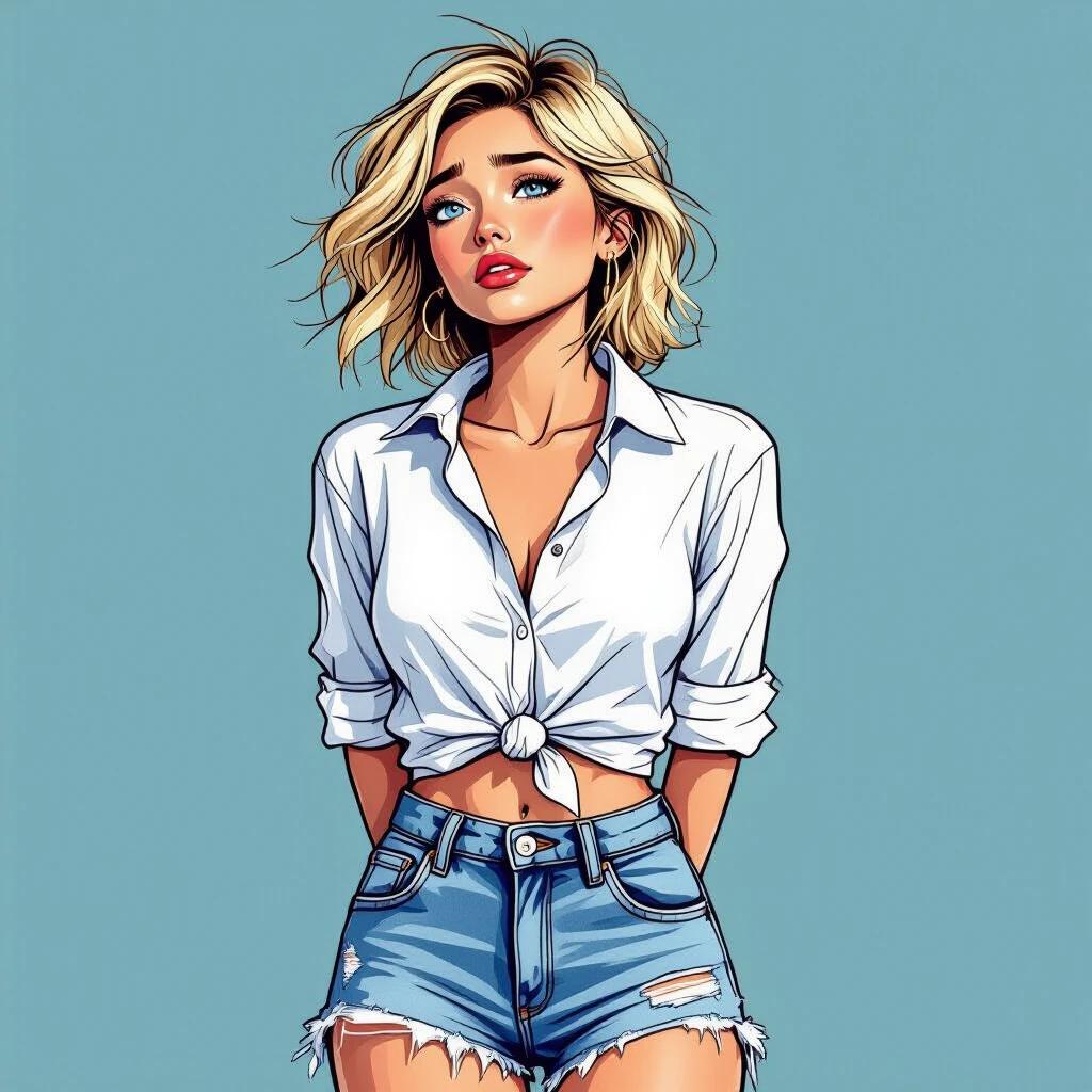 Illustration of a young woman dressed in trendy casual attire. She wears a white shirt knotted at the front and faded ripped denim shorts. Her short straw-blonde hair is tousled by the wind. The character is drawn in a comic style with bold contours. The background is a solid light blue, emphasizing the character's style and emotions.