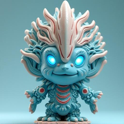 Chief of the Sea Tribe figure designed as a toy. Regal and aquatic with a stylized pose. Features include wave and scale patterns, shell crown, and glowing blue slits for eyes. Colors are sea blue, pearl white, coral red, and silver. PVC texture with a cartoon aesthetic.