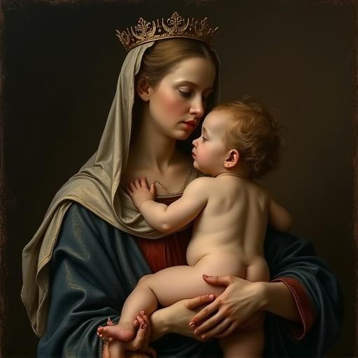 A depiction of Madonna with a child in Baroque style. The painting should include Rembrandt-style lighting and be created in oil on canvas. Negative aspects include blurriness, deformed arms, and extra fingers.