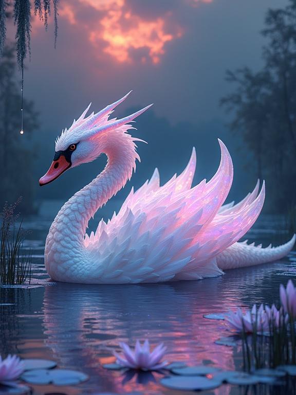 Chimera-like creature resembling a swan and dragon with opal plumage floats on a mercury lake. Surrounded by bioluminescent reeds and lily pads. Sky filled with mirror shards reflecting crimson clouds.