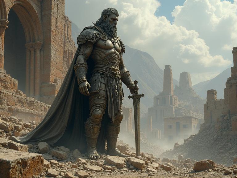 Crumpled statue of a barbarian king stands in the ruins of an ancient city. The environment is a desolate landscape with remnants of once-great structures. A fantasy art style is evident, showcasing a sense of chaos and grandeur.