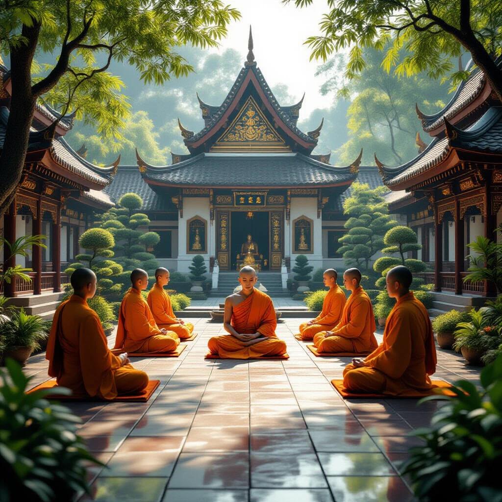 A serene temple ceremony occurs in a tranquil garden. Monks sit in lotus position. The scene is hyper-realistic and cinematic with high-resolution detail. The environment is peaceful and lush with greenery.