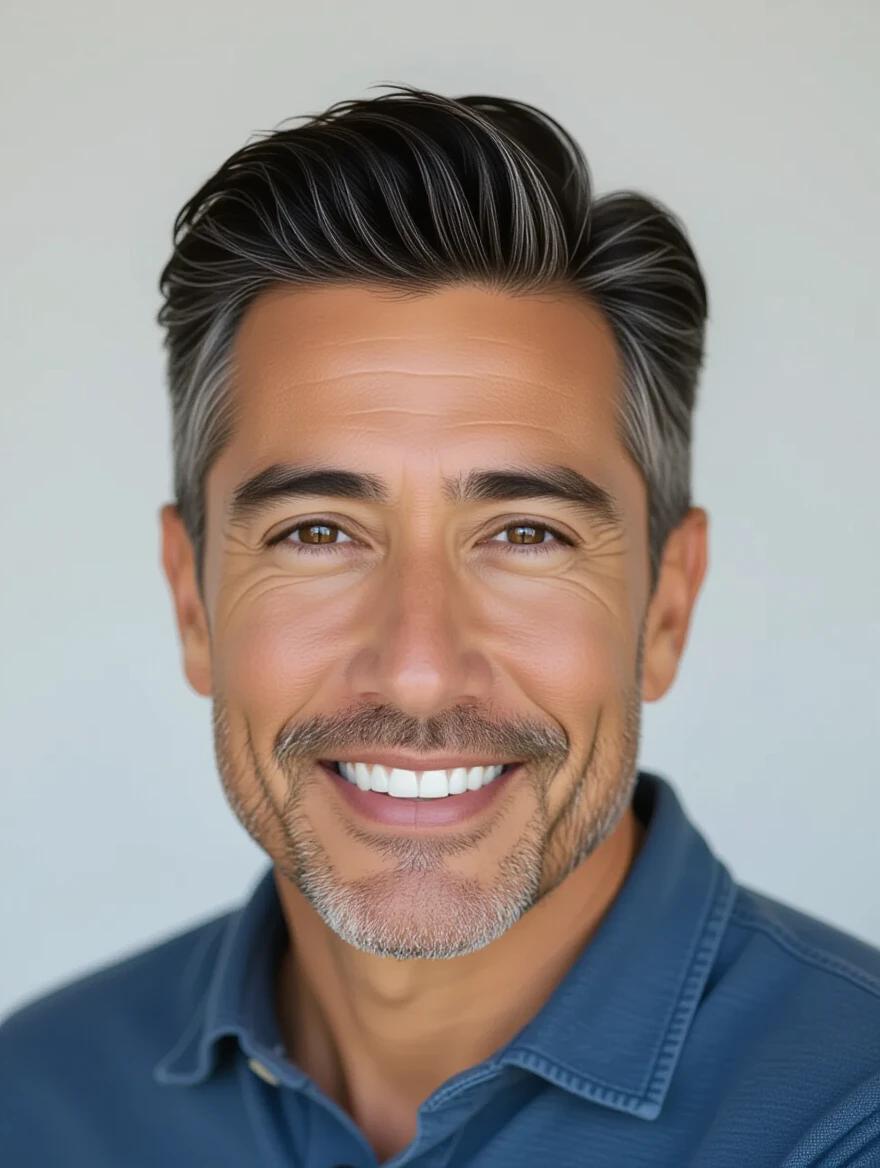 portrait of a 40-year-old Latino man smiling wearing a blue shirt