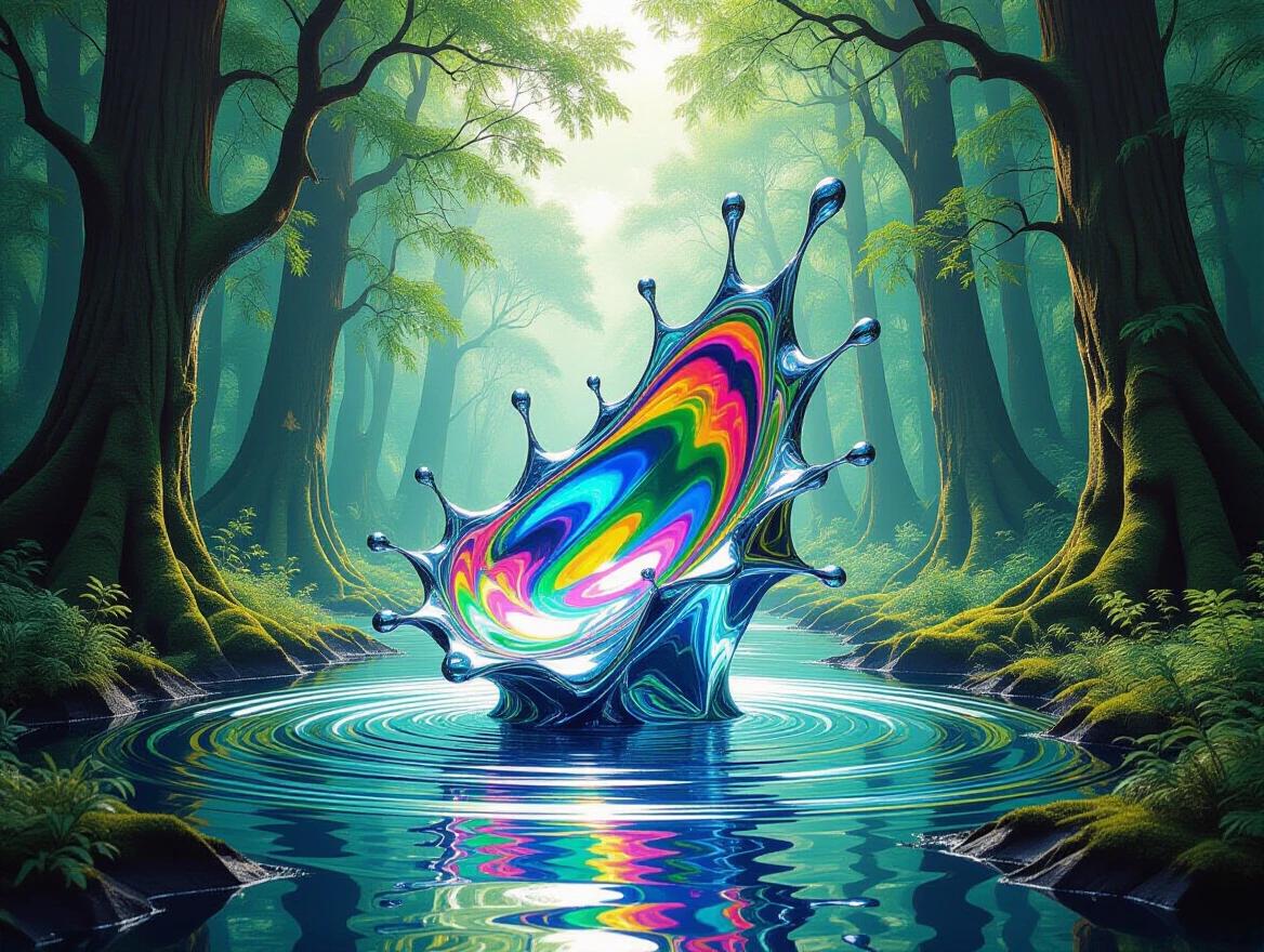 Sculptural oil painting in an elven forest. A chrome splash frozen mid-air. Surface polished with holographic colors. Luminous and vibrant scene.