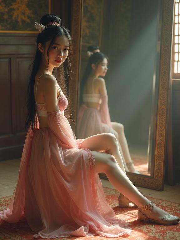 Photo features a girl in feudal China attire. She sits crossed-legged in a lavish hall. A large mirror reflects her image. She wears pink garments with lace. Hair tied traditionally. Soft smile directed at the camera. Evokes nostalgic analog feel.