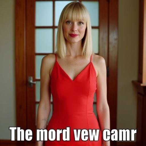 Digitally created meme features a woman in a bright red dress standing in front of a wooden door. She has shoulder-length blonde hair and is smiling. Text in bold, white letters is at the bottom of the image, creating a humorous effect.