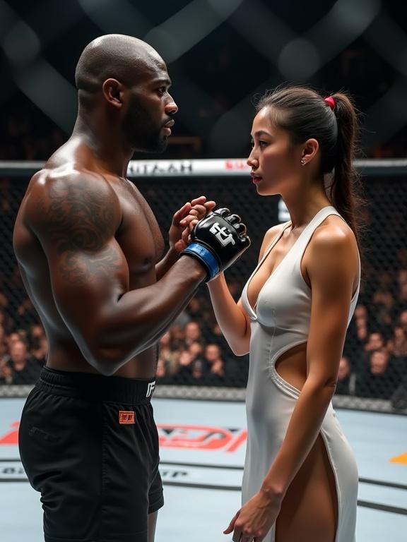 Inside an MMA octagon a muscular man and a young woman face off for a tense confrontation. The man has visible tattoos and wears shorts while the woman wears a high-slit white cheongsam. They are barefoot and in combat stances showing determination. The crowd is visible behind them creating an electric atmosphere. Bright lights focus on the fighters.