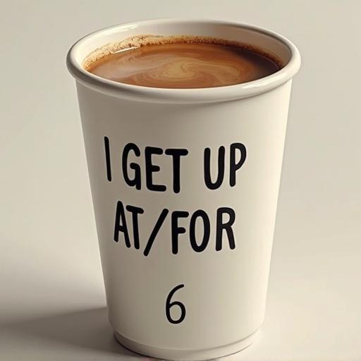 Lifelike image of a coffee cup. Text on the cup says I GET UP AT/FOR 6.