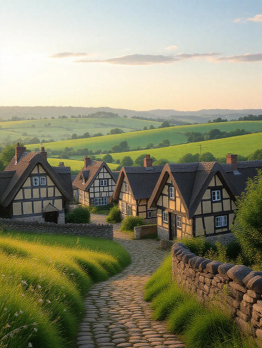 Panoramic view of a medieval village with timber-framed houses and thatched roofs. Nestled among vibrant green fields and distant rolling hills under a serene morning sky. Soft golden light creates an idyllic atmosphere. Detailed textures of cobblestone paths weave through the village. Wildflowers dot the scene. Captures peaceful essence of medieval countryside life.