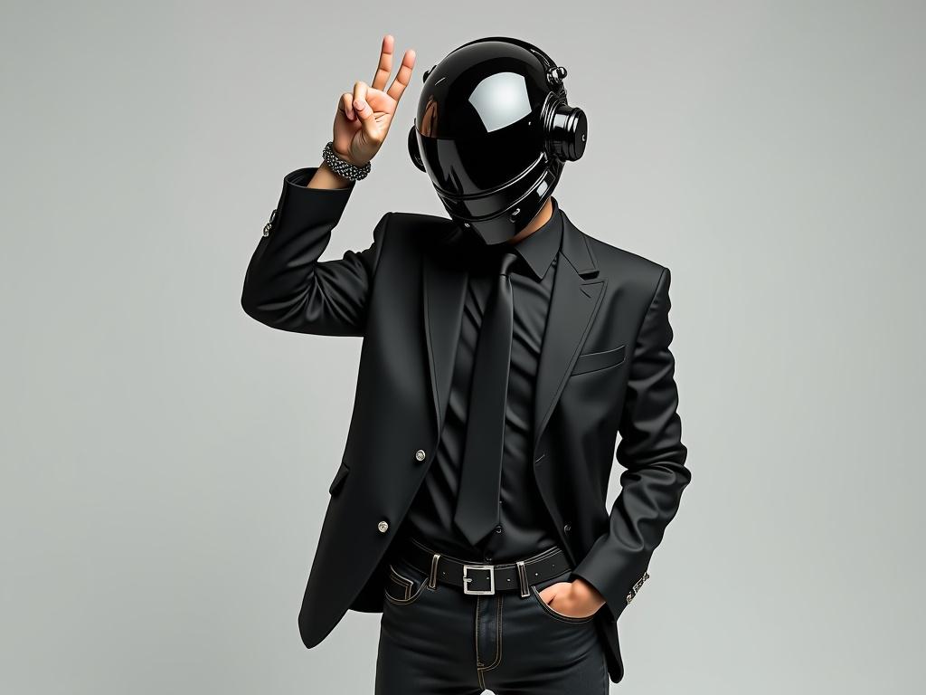 A person wears a futuristic outfit featuring a black, glossy helmet that covers their face. They have on a sharp black suit jacket over a black shirt and tie. Dark jeans are paired with a silver belt buckle. One hand is raised in a peace sign. The background is light grey, emphasizing their style and mystery.