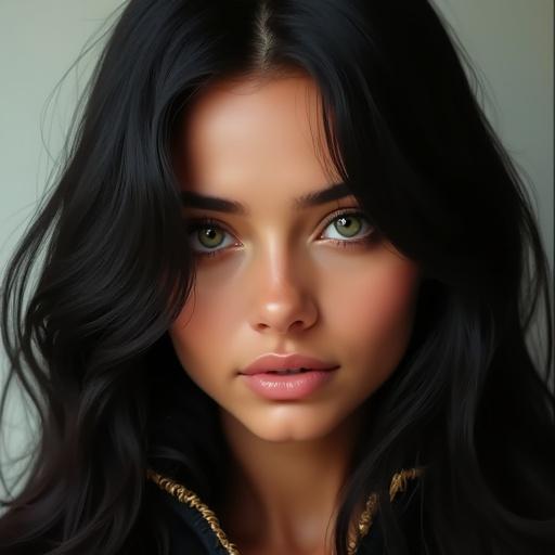 Portrait of a Latina girl with green eyes and long black hair. The girl looks realistic and beautiful. The portrait showcases her features clearly without any AI artifacts.