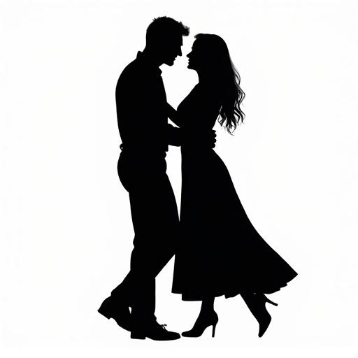 Black and white isolated vector silhouette of a couple dancing. Clean bold style with sharp details. White background.