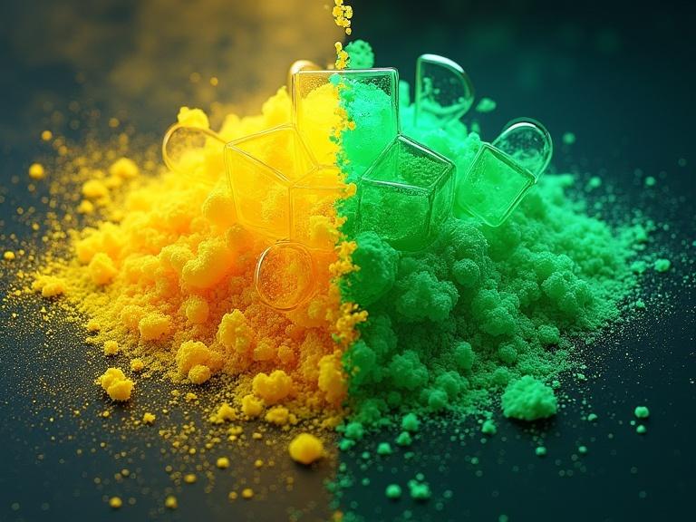 A scientific illustration depicting two states of matter. One side shows yellow powder in a disordered state. The other side displays green crystalline structures in an ordered state. Features an eye-catching effect splitting both sides. The background has a soft cloudy texture for yellow and sharp geometric shapes for green. Colorful fluorescence enhances emissions. Layout is clean for a chemistry journal.