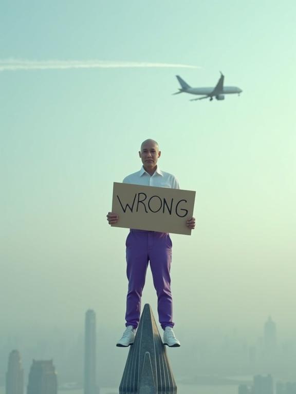 Bald Asian man wears a white shirt and purple trousers. He stands on the spike of Burj Khalifa. He holds a sign saying WRONG. A passenger jet flies across the distant sky. The scene is dreamlike and slightly dystopian.
