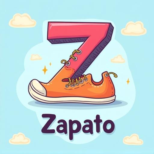 Colorful child-friendly flashcard illustration. Light blue background with soft clouds. Center features large uppercase letter Z made from a shoe. Below in large letters the word Zapato. Cheerful kid-oriented style with soft vibrant colors. Rounded corners.
