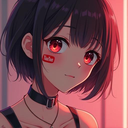 Anime girl with a distinctive hairstyle. She wears a choker necklace. Skin tone is realistic. Background has soft lighting and abstract design element.
