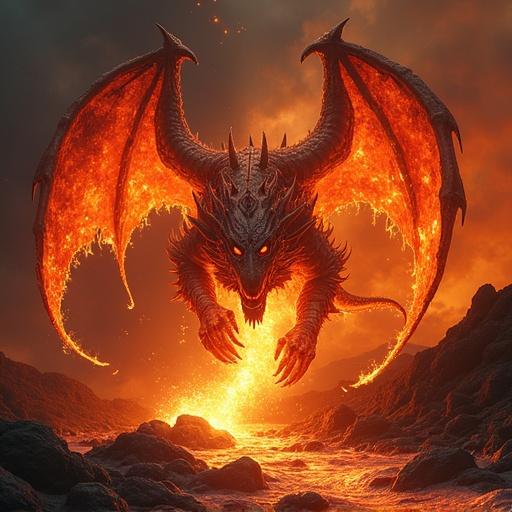 Stream of molten lava creates a fiery creature. Monster-like claws and jaws. Wings made of fire. Lava landscape with flames.