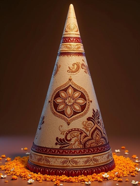 Giant Mehndi cone decorated with floral patterns and henna motifs. Luxurious material with gold and maroon accents. Surrounded by marigold petals and jasmine flowers. Symmetrical mandala designs in brown henna tones. Soft ambient lighting highlights the texture