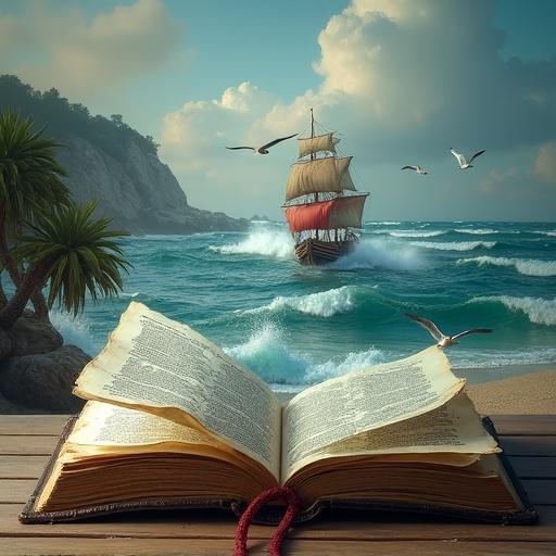 A scene emerges from an open ancient book on a wooden table. A large ship sails on a wild sea. Waves splash dramatically. A palm tree is on the left. Birds fly in the sky. Underwater, sharks and an octopus tentacle add danger. Style is dynamic, suggesting a living story.